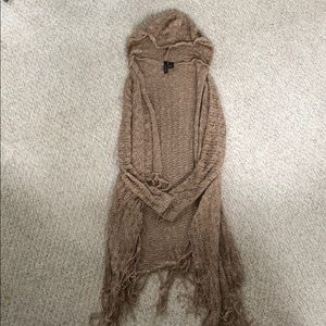 Beautiful tan sweater with fringe detail & hood!!